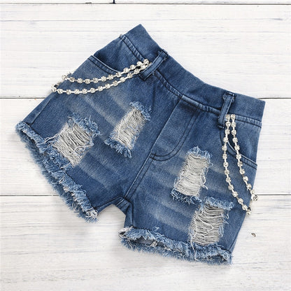 Toddler Girl Distressed Denim Shorts with White Flutter Sleeve Top