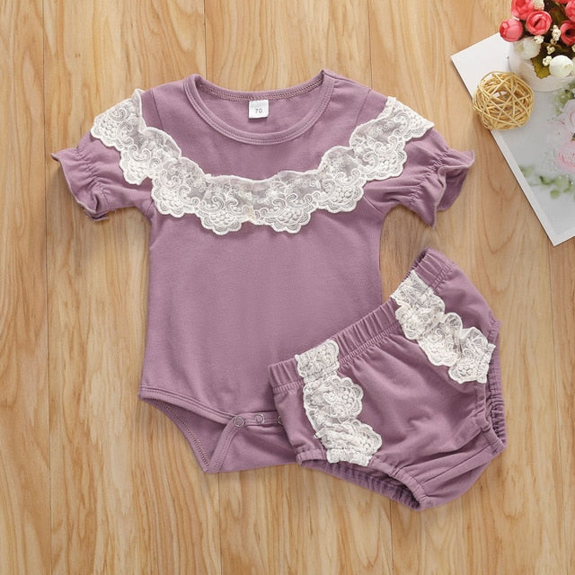 Newborn Baby Romper Two-piece Set Crochet Lace Bottoms Lace Top Set