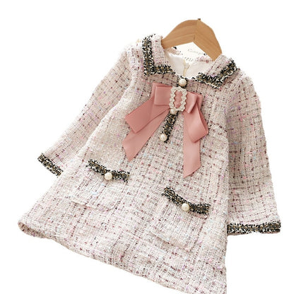 Girls Classic Tweed Plaid Dress with Big Bow and Rhinestone Detailing