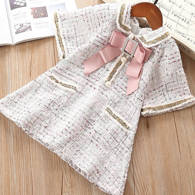 Girls Classic Tweed Plaid Dress with Big Bow and Rhinestone Detailing