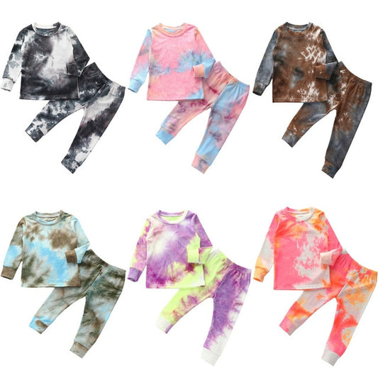 Toddler Baby Kids Girls and Boys Tie Dye Clothes Ribbed Knit Long Sleeve Shirt Pants Set Pajamas