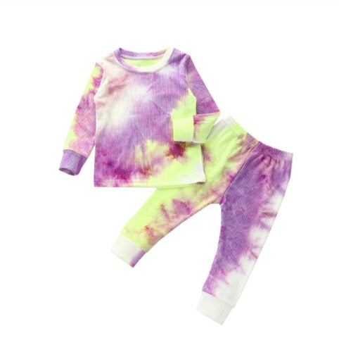 Toddler Baby Kids Girls and Boys Tie Dye Clothes Ribbed Knit Long Sleeve Shirt Pants Set Pajamas