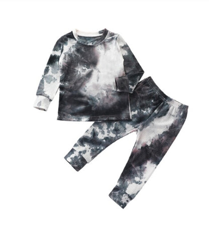 Toddler Baby Kids Girls and Boys Tie Dye Clothes Ribbed Knit Long Sleeve Shirt Pants Set Pajamas