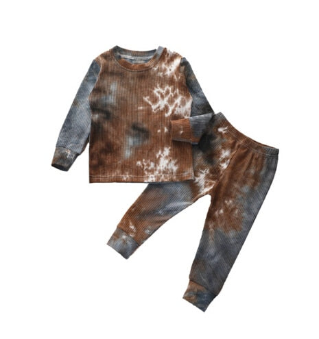 Toddler Baby Kids Girls and Boys Tie Dye Clothes Ribbed Knit Long Sleeve Shirt Pants Set Pajamas