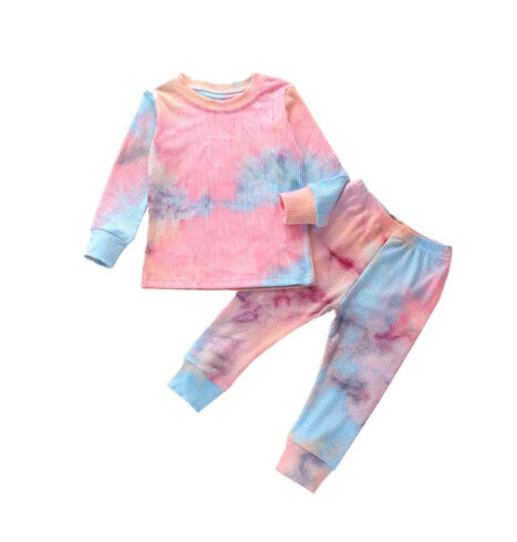 Toddler Baby Kids Girls and Boys Tie Dye Clothes Ribbed Knit Long Sleeve Shirt Pants Set Pajamas