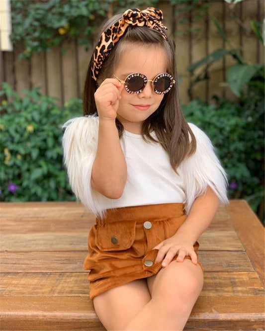 Girls Faux Fur Sleeve Shirt and Corduroy Skirt Set Black Or White Top and Tan Skirt girls clothing set skirt and shirt