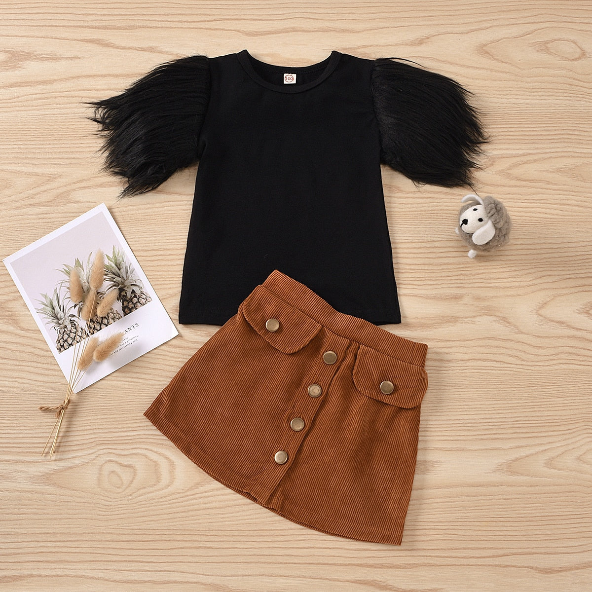 Girls Faux Fur Sleeve Shirt and Corduroy Skirt Set Black Or White Top and Tan Skirt girls clothing set skirt and shirt