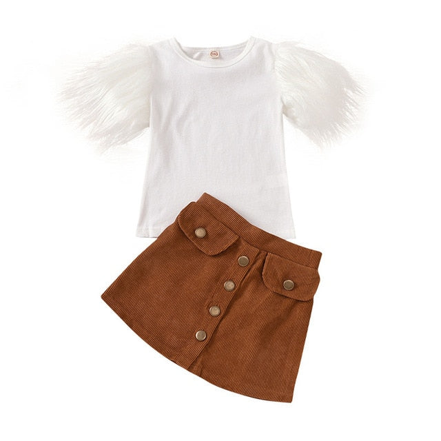 Girls Faux Fur Sleeve Shirt and Corduroy Skirt Set Black Or White Top and Tan Skirt