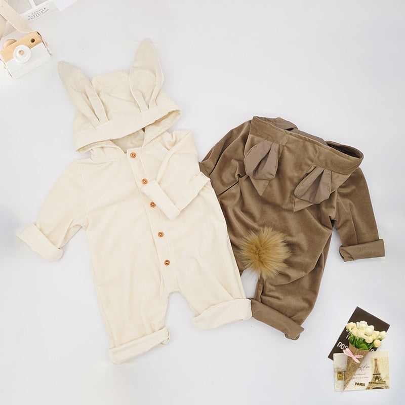 Spring Baby Boy and Girl Hooded Bunny Romper Jumpsuit with A Fluffy Cotton Tail