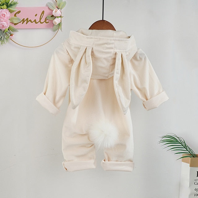 Spring Baby Boy and Girl Hooded Bunny Romper Jumpsuit with A Fluffy Cotton Tail