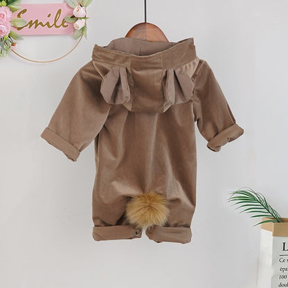 Spring Baby Boy and Girl Hooded Bunny Romper Jumpsuit with A Fluffy Cotton Tail