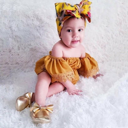 Baby Girl Clothes Off the Shoulder Lace Top with Floral Shorts 3 Piece Outfit with Headwrap