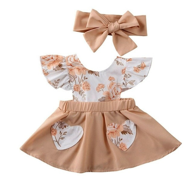 Baby Girl Summer Dress Clothes Flower Boho Natural Colors Peach Floral Romper Set