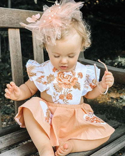 Baby Girl Summer Dress Clothes Flower Boho Natural Colors Peach Floral Romper Set