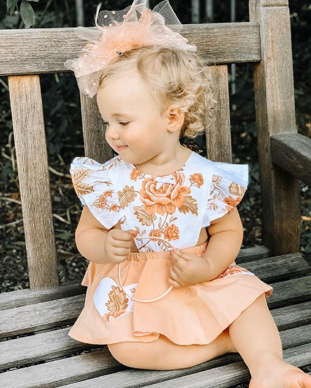 Baby Girl Summer Dress Clothes Flower Boho Natural Colors Peach Floral Romper Set