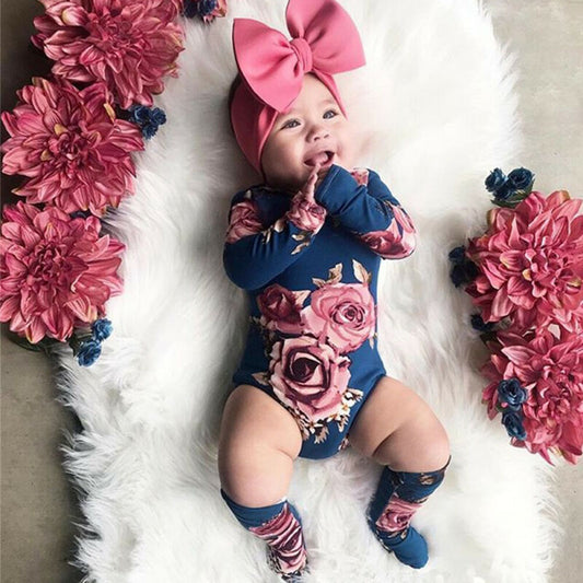 Newborn Baby Floral Long Sleeve Romper Floral Jumpsuit Girl Warm Leg Socks Outfit