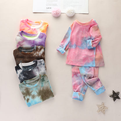 Toddler Baby Kids Girls and Boys Tie Dye Clothes Ribbed Knit Long Sleeve Shirt Pants Set Pajamas