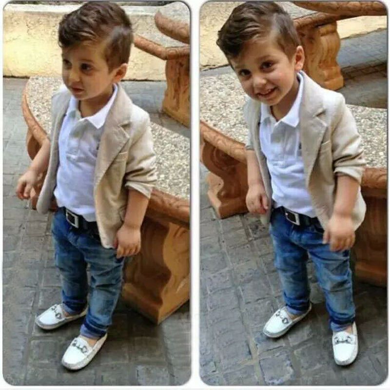 Toddler Khaki Suit Coat and Denim Pants Set with Collard Shirt