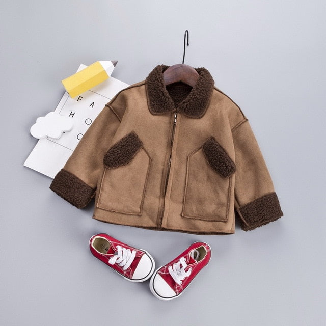 Kid Boy Velvet Jacket Fall Top Coats Lapel Neck Long-Sleeve Side Pocket Keep Warm Zipper Blouse