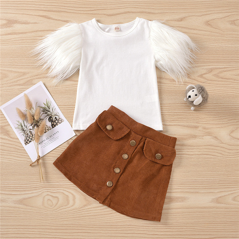 Girls Faux Fur Sleeve Shirt and Corduroy Skirt Set Black Or White Top and Tan Skirt girls clothing set skirt and shirt