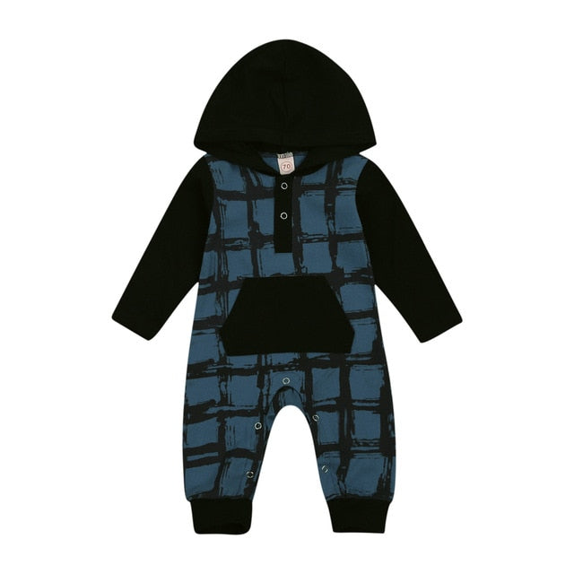 Infant Newborn Baby Boy Hooded Jumpsuit Long Sleeve Plaid Print Button One Piece Romper with Pocket