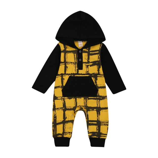 Infant Newborn Baby Boy Hooded Jumpsuit Long Sleeve Plaid Print Button One Piece Romper with Pocket