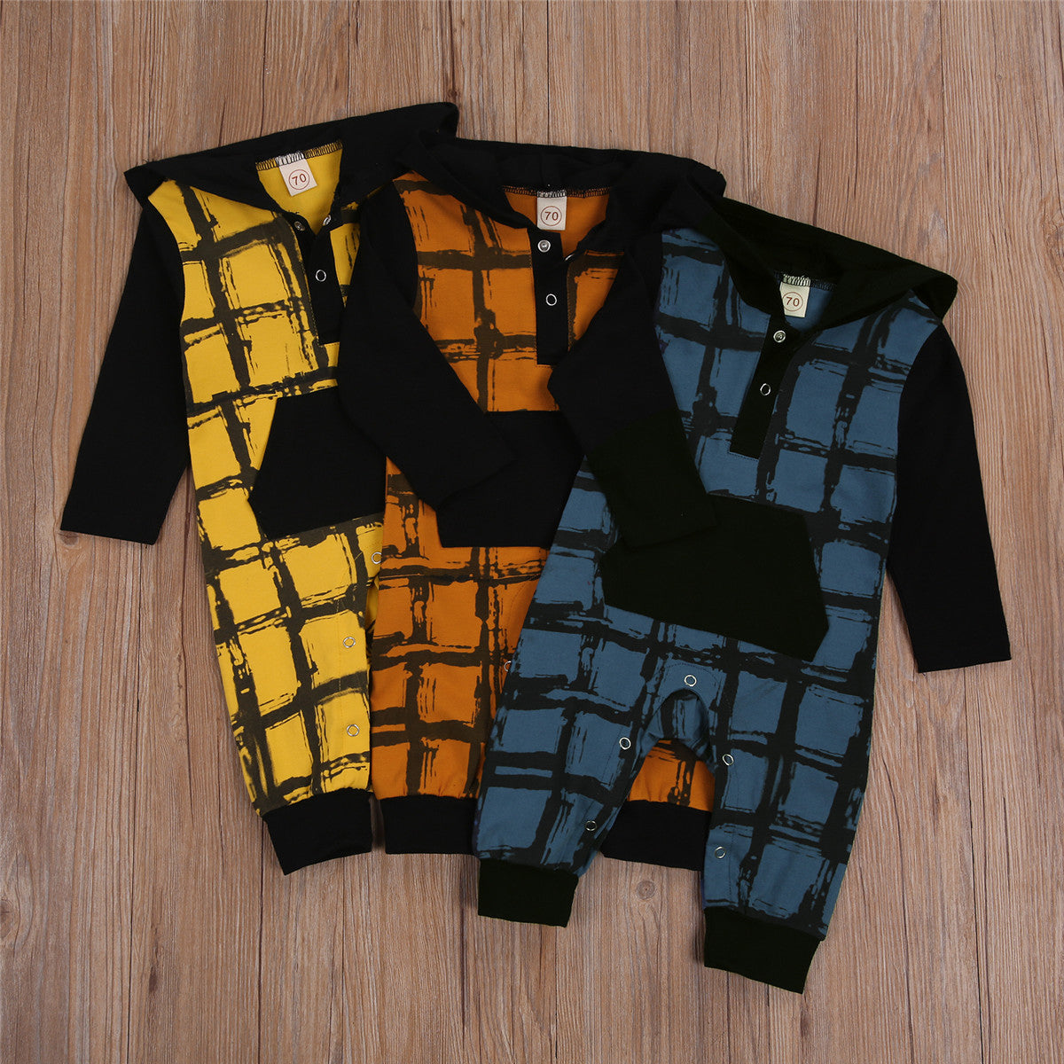 Infant Newborn Baby Boy Hooded Jumpsuit Long Sleeve Plaid Print Button One Piece Romper with Pocket