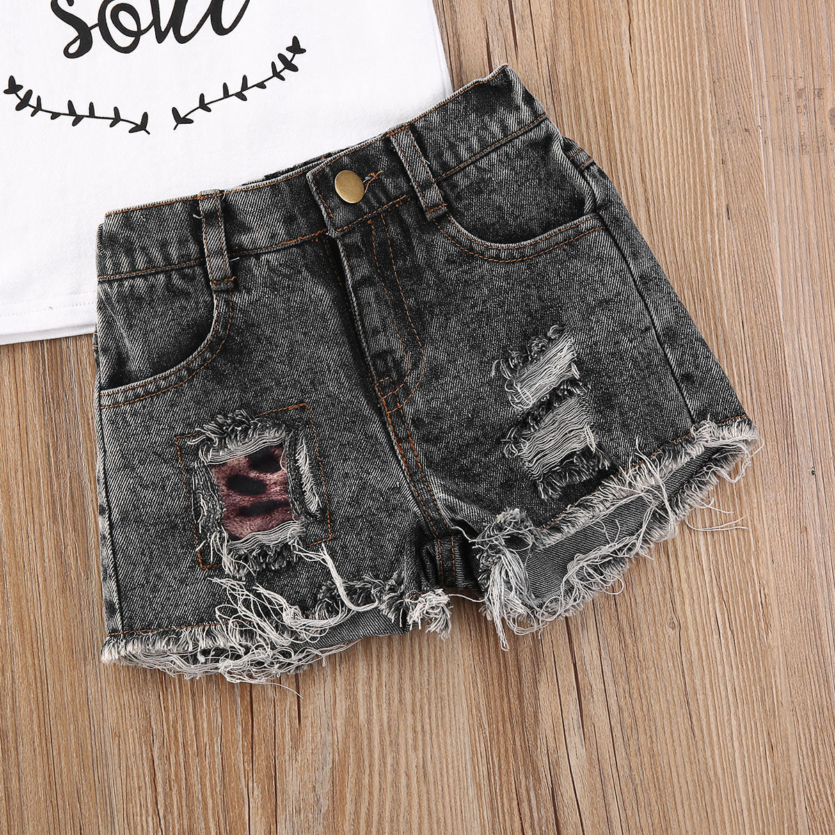 Toddler Girl Sassy Little Soul and Distressed Denim Short Set Black and White