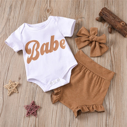 Baby Girl Babe Onesie with Bloomer Shorts and Matching Headband Natural Colors