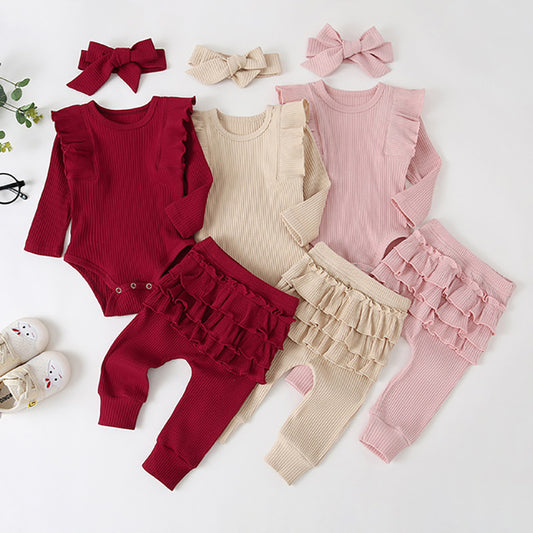 Adorable Baby Girl Long Sleeve Ruffle Onesie set with Matching Pants and Ruffle Butts. Such a perfect basic little outfit for the winter time!