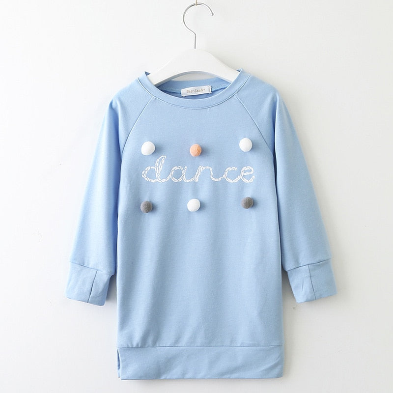 Girls Sweatshirt Dress Dance with Pom Poms in Blue or Pink