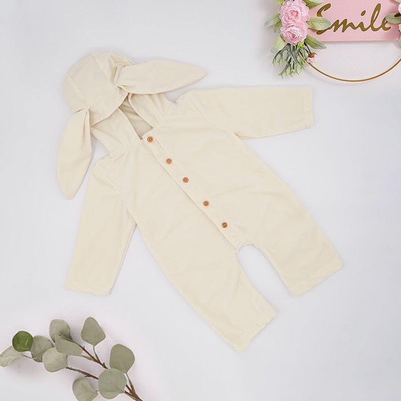 Spring Baby Boy and Girl Hooded Bunny Romper Jumpsuit with A Fluffy Cotton Tail