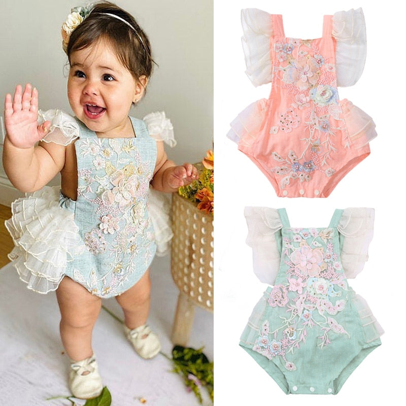 Baby Girl Embroidered Tutu Romper with Beautiful Floral Design