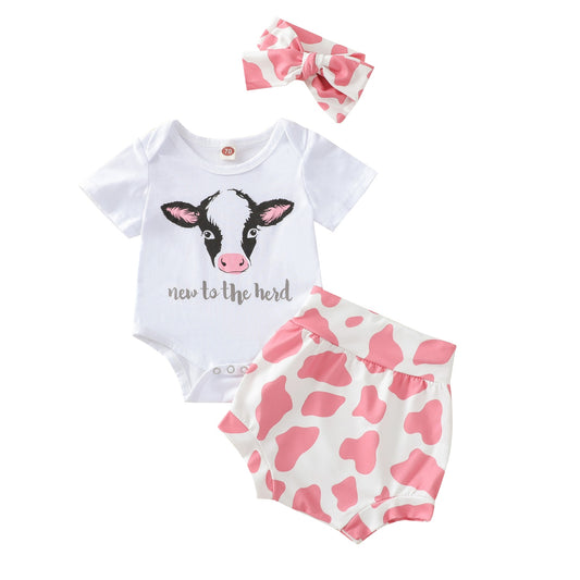 Baby Girl Cow Print Outfit New to the Herd Bloomer Shorts Onesie and Matching Bow