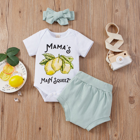 Mama's Main Squeeze Baby Girl Lemon Onesie with Bloomer Shorts and Head Band Outfit Set