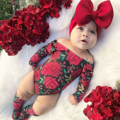 Baby Girl Floral Print Romper Christmas Holiday Red and Black Bow and Knee Socks