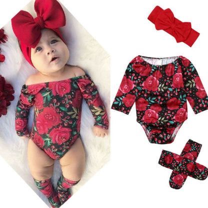 Baby Girl Floral Print Romper Christmas Holiday Red and Black Bow and Knee Socks