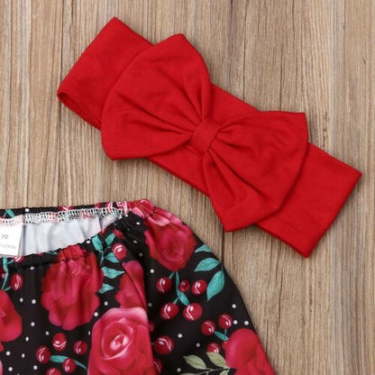 Baby Girl Floral Print Romper Christmas Holiday Red and Black Bow and Knee Socks