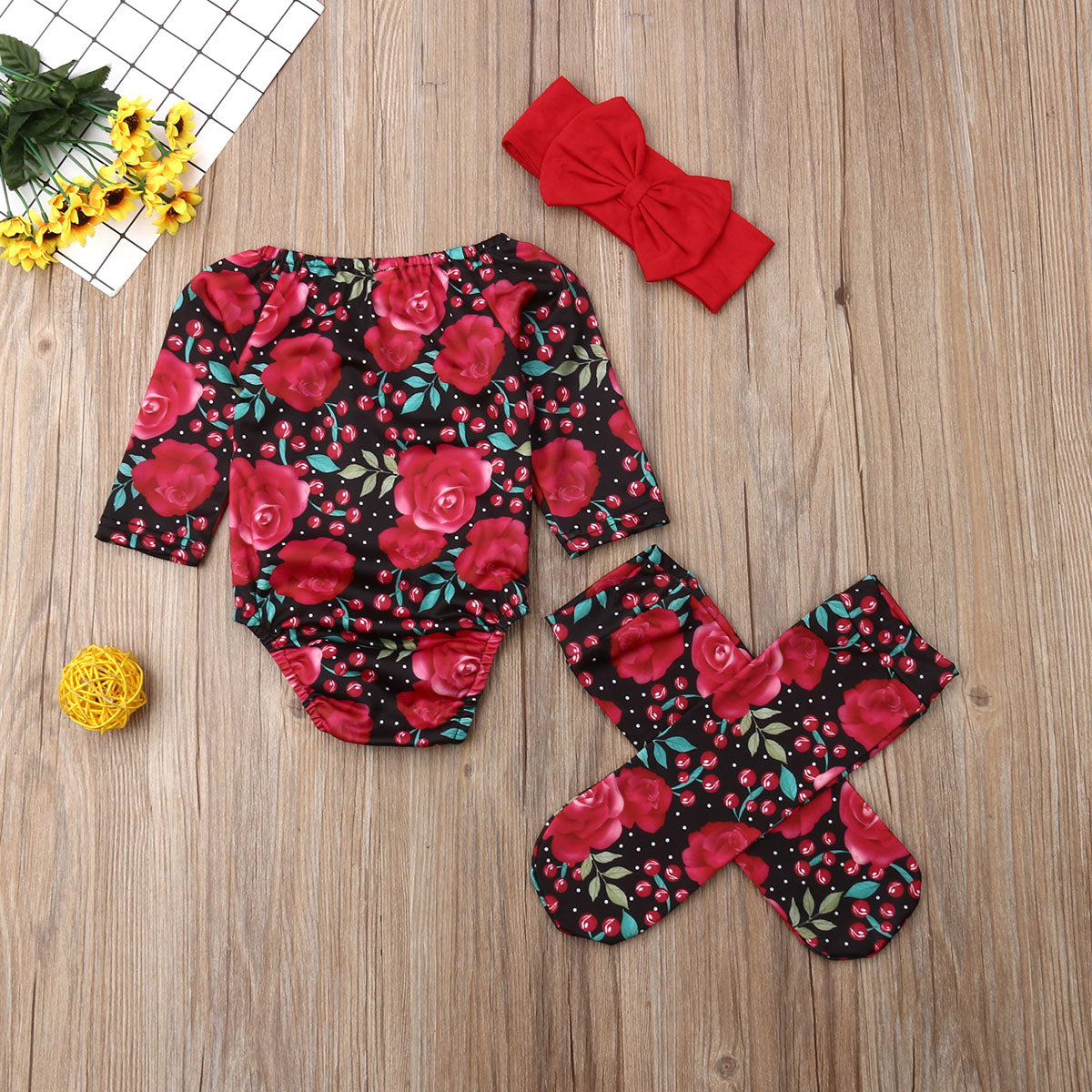 Baby Girl Floral Print Romper Christmas Holiday Red and Black Bow and Knee Socks