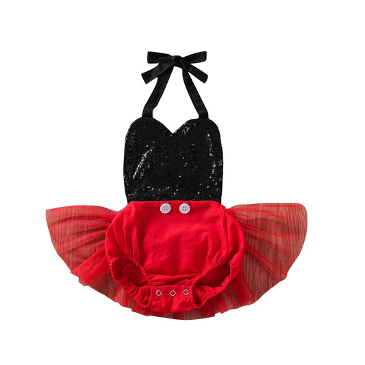 Baby Girl Minnie Mouse Inspired Tutu Romper with Black Sequin Top