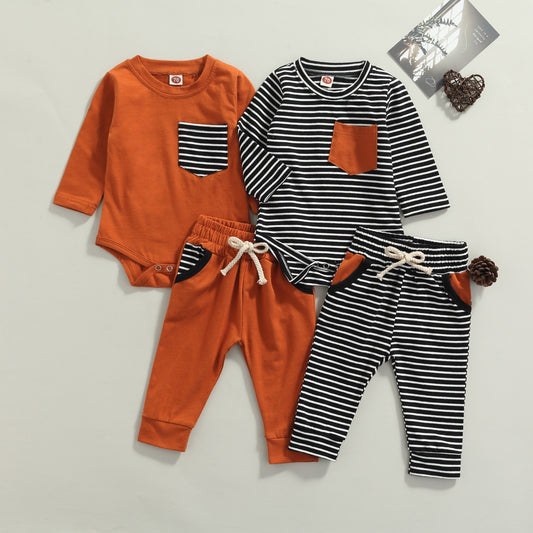 Baby Toddler Boy Long Sleeve Stripe Black White and Rust Patch Pocket Fall Outfits