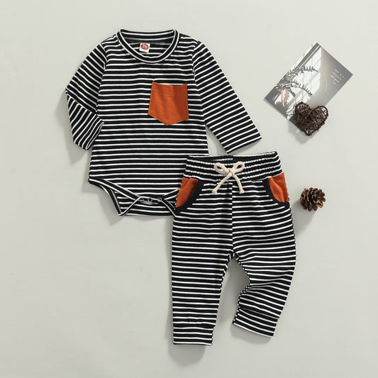 Baby Toddler Boy Long Sleeve Stripe Black White and Rust Patch Pocket Fall Outfits