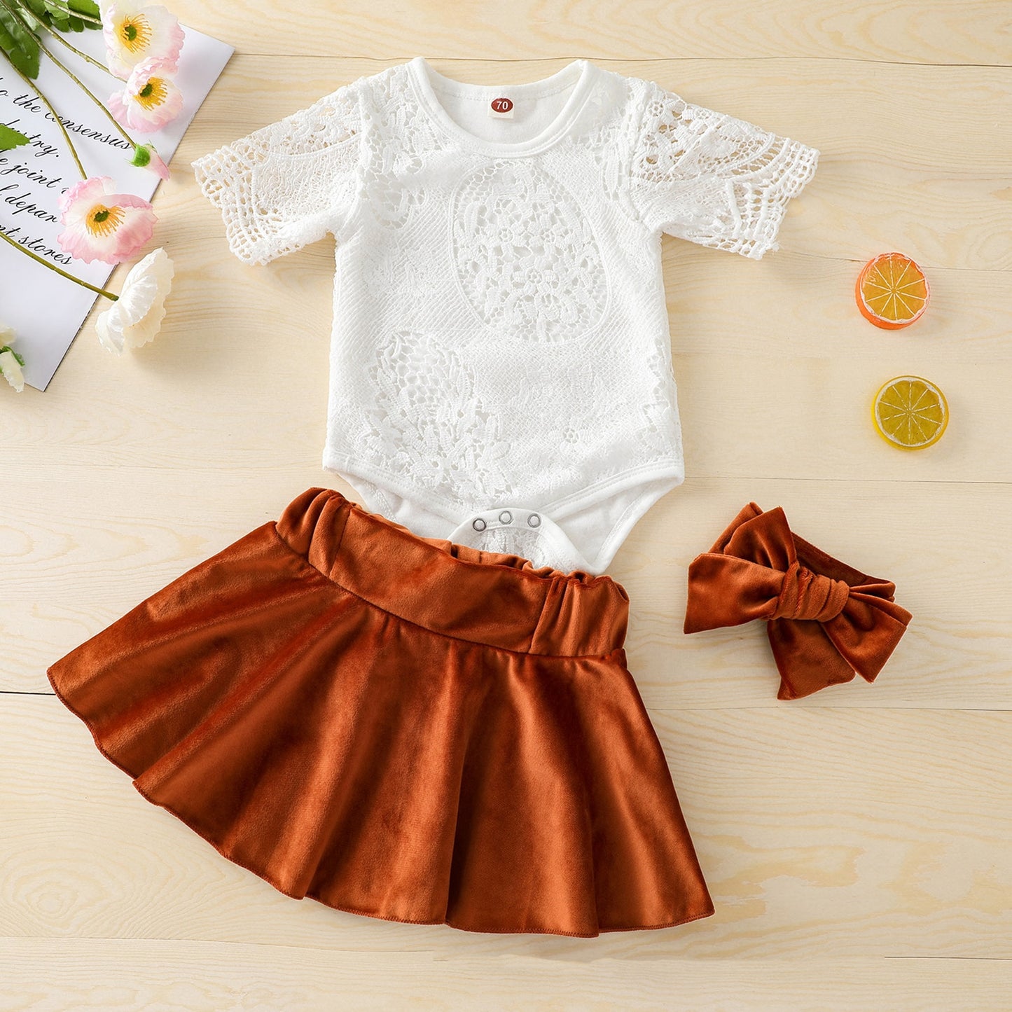 Baby Girl White Lace Romper and Velvet Skirt and Bow Set for Fall Boho Style