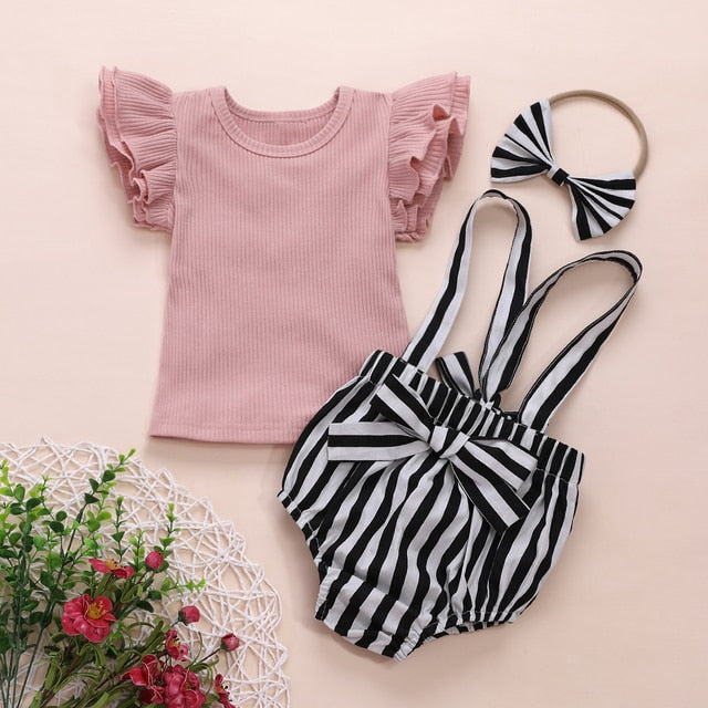 Baby Girl Pink Ruffle Sleeve Onesie with Black and White Stripe Bloomer Suspender Set with Bow