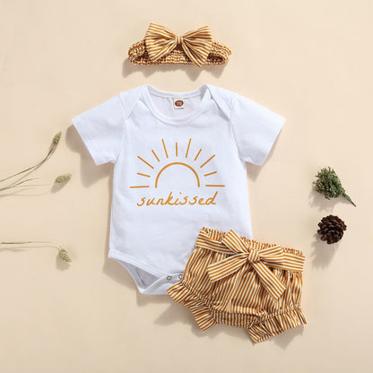 Baby Girl Sunkissed Onesie with Mustard and White Stripre Bloomer Shorts and Matching Headband