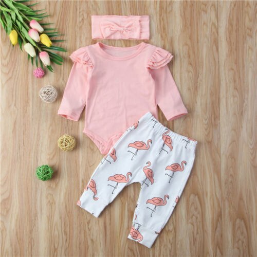 Baby Girl Flamingo Leggings and Pink Long Sleeve Ruffle Romper Set