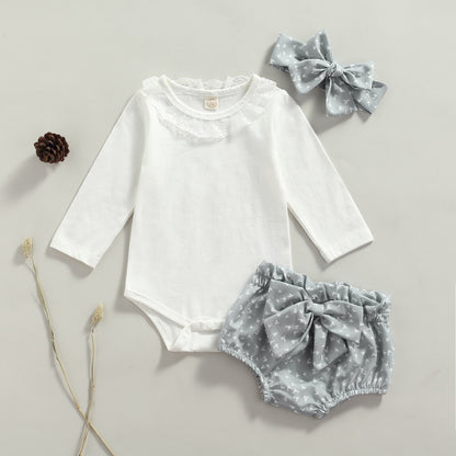 Baby Girl Long Sleeve Lace Romper with Bird Dove Print Bloomers with Big Bow