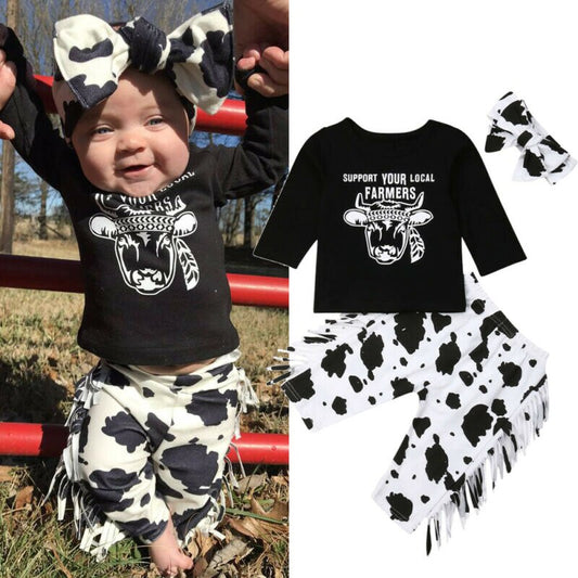 Baby Girl Support Your Local Farmers Outfit with Cow Print Fringe Pants and Matching Bow