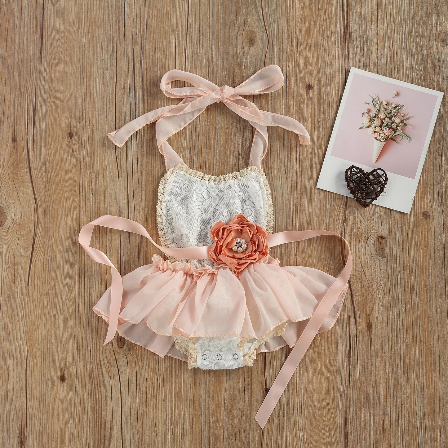 Baby Girl Vintage Style Shabby Chic White Lace Peach Chiffon Tutu Skirt Romper with Flower Belt