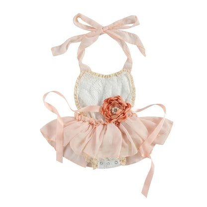 Baby Girl Vintage Style Shabby Chic White Lace Peach Chiffon Tutu Skirt Romper with Flower Belt